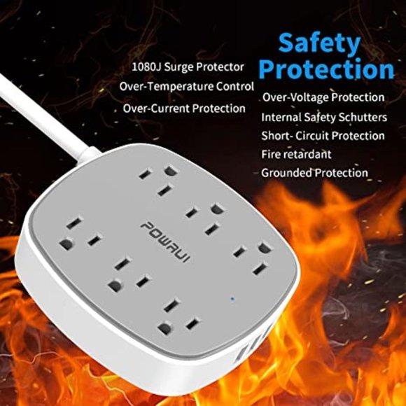 POWRUI Flat Plug Extension Cord with 6 Outlet Extender and 3 USB Ports, 6 Feet - Picture 6 of 7